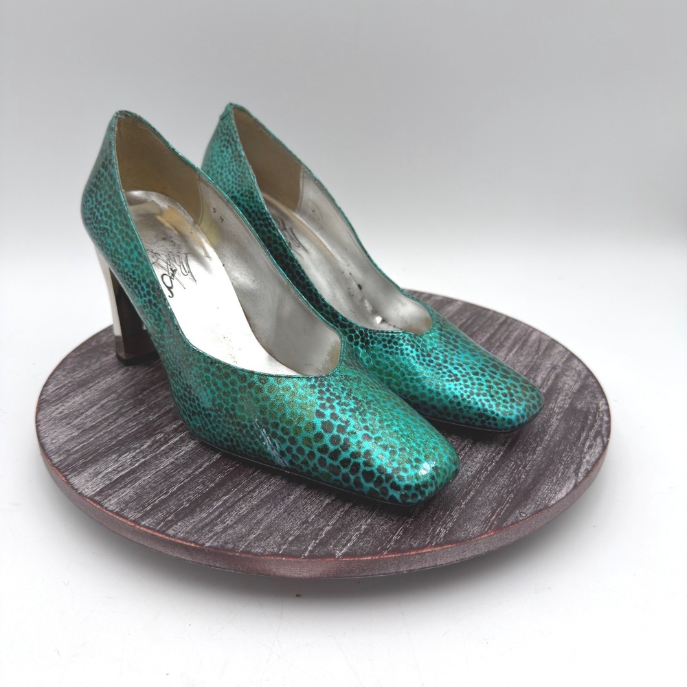 Vintage Joey O Pumps Womens Size 9 Snake Square Toe Metallic Chrome Heel Peacock